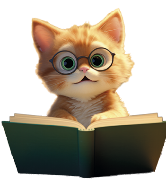 a cat with glasses reading a book